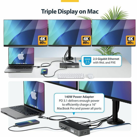 StarTech.com Triple-Monitor USB-C Docking Station, 140W Laptop Charging Dock for MacBook Pro and Windows, 4K 60Hz, TAA