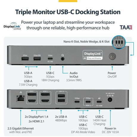 StarTech.com Triple-Monitor USB-C Docking Station, 140W Laptop Charging Dock for MacBook Pro and Windows, 4K 60Hz, TAA