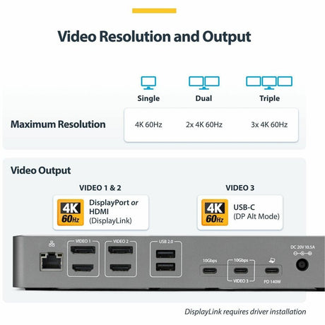 StarTech.com Triple-Monitor USB-C Docking Station, 140W Laptop Charging Dock for MacBook Pro and Windows, 4K 60Hz, TAA