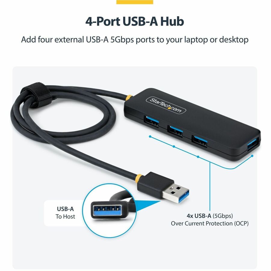 StarTech.com 4-Port USB-A Hub, 5Gbps, Bus Powered, USB-A to 4x USB-A Mini Hub, Extra Long 2ft/61cm Host Cable, 70% PCR Plastic Housing