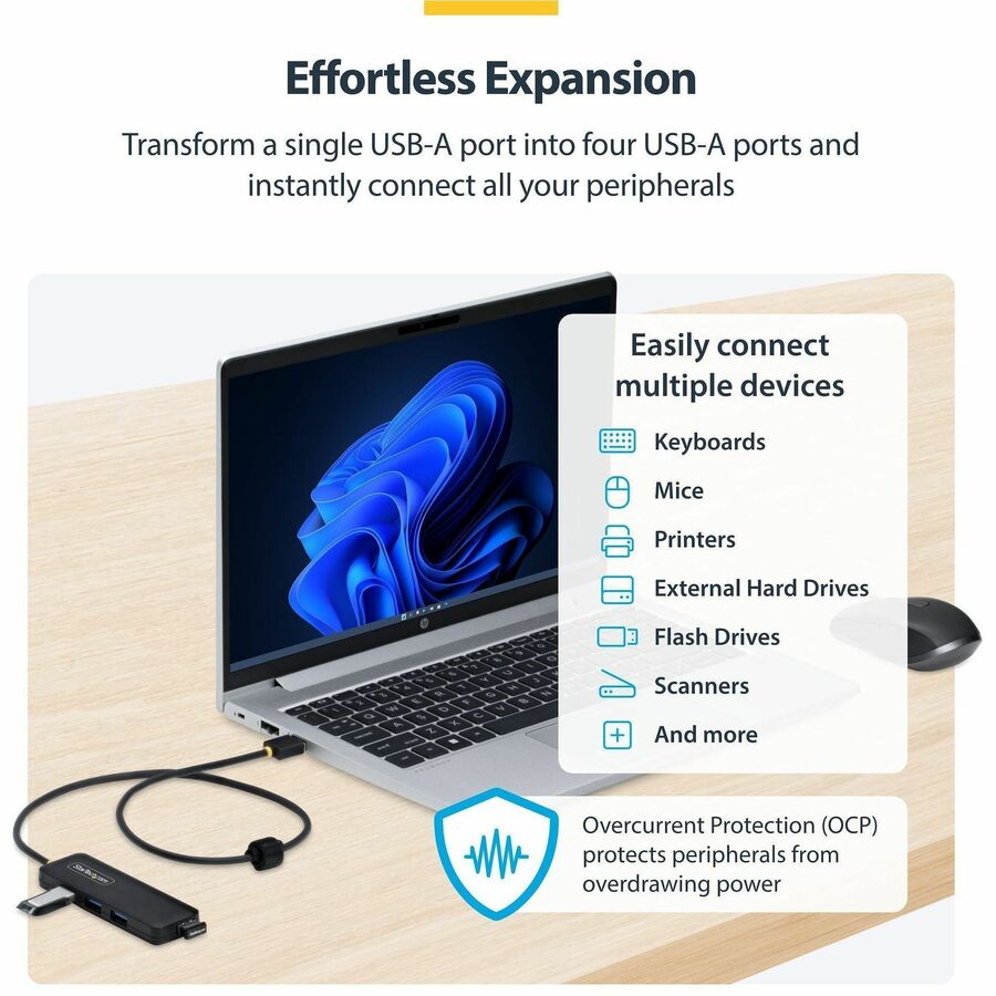StarTech.com 4-Port USB-A Hub, 5Gbps, Bus Powered, USB-A to 4x USB-A Mini Hub, Extra Long 2ft/61cm Host Cable, 70% PCR Plastic Housing