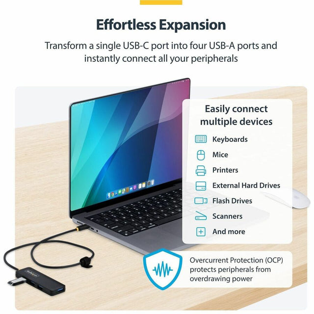 StarTech.com 4-Port USB-C Hub, 5Gbps, Bus Powered, USB-C to 4x USB-A Mini Hub, Extra Long 2ft/61cm Host Cable, 70% PCR Plastic Housing