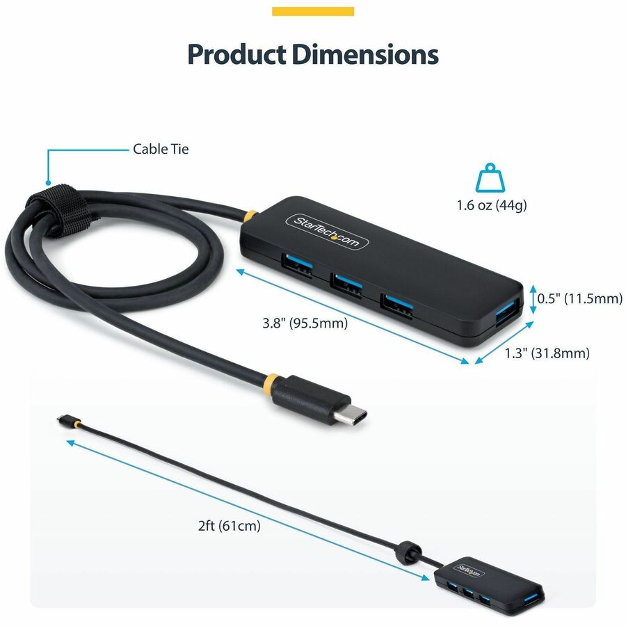 StarTech.com 4-Port USB-C Hub, 5Gbps, Bus Powered, USB-C to 4x USB-A Mini Hub, Extra Long 2ft/61cm Host Cable, 70% PCR Plastic Housing