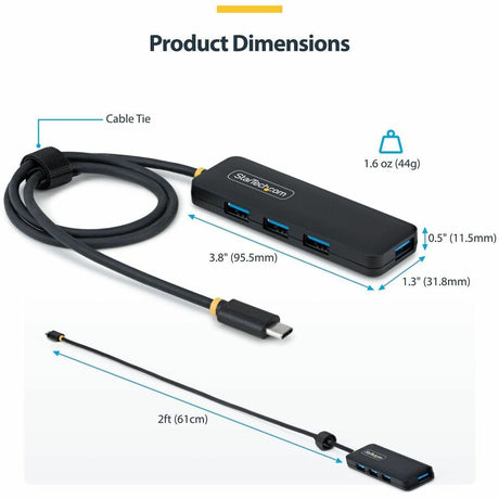 StarTech.com 4-Port USB-C Hub, 5Gbps, Bus Powered, USB-C to 4x USB-A Mini Hub, Extra Long 2ft/61cm Host Cable, 70% PCR Plastic Housing