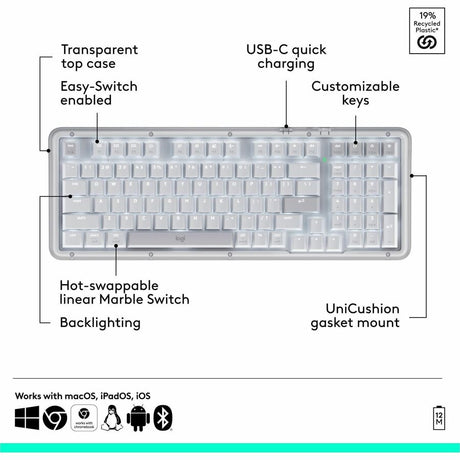 Logitech Alto Keys K98M Wireless Mechanical Keyboard, Customizable Keyboard with Vibration Absorbing Gasket, Backlit Keys, Off-white
