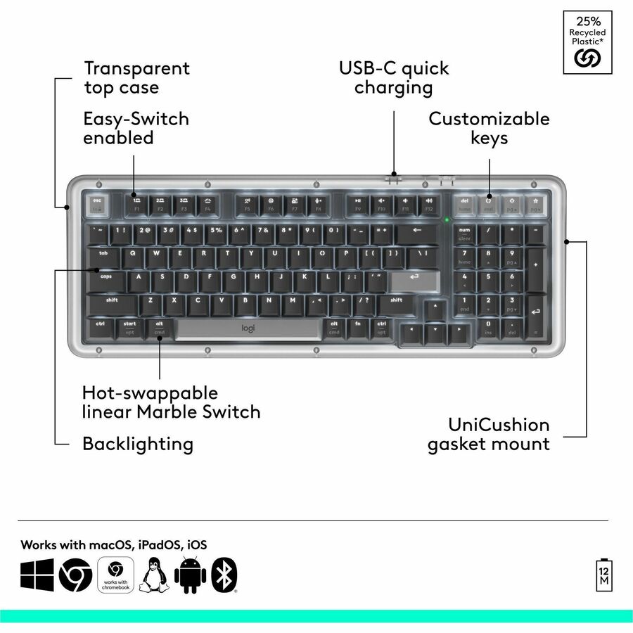 Logitech Alto Keys K98M Wireless Mechanical Keyboard, Customizable Keyboard with Vibration Absorbing Gasket, Backlit Keys, Graphite