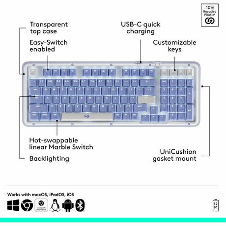 Logitech Alto Keys K98M Wireless Mechanical Keyboard, Customizable Keyboard with Vibration Absorbing Gasket, Backlit Keys, Lilac