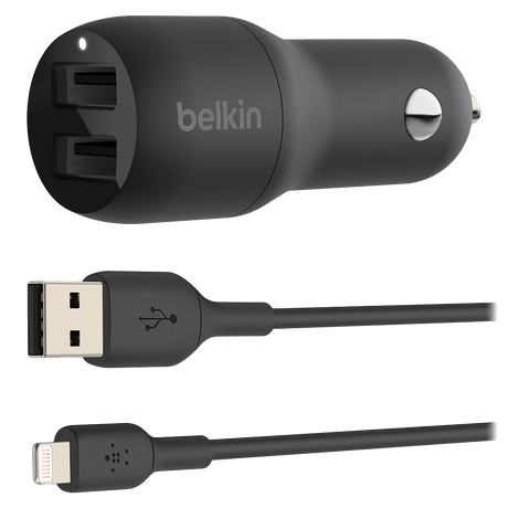 Belkin - Boost Up Charge Dual Port Usb A Car Charger 24w With Apple Lightning Cable 3ft - Black