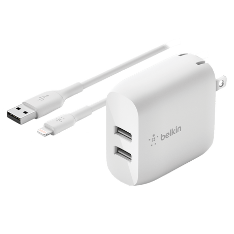 Belkin - Dual Port Usb A 24w Wall Charger With Apple Lightning Cable 3ft - White