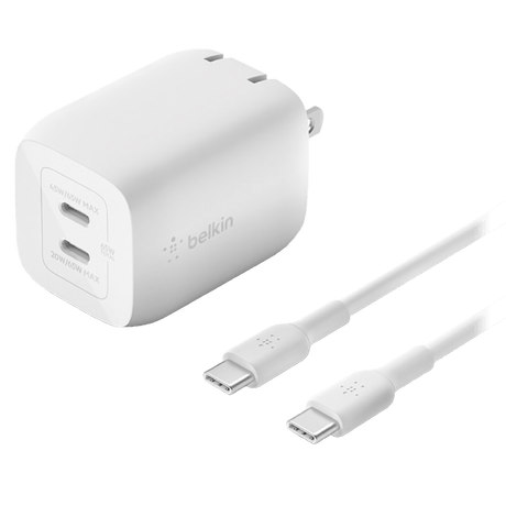 Belkin - 65w Dual Usb C Gan Wall Charger With Pps And Usb C To Usb C Cable - White