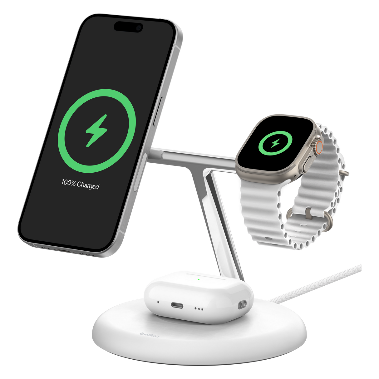 Belkin - Boost Charge Pro 3 In 1 Wireless Charging Stand With Qi2 - White