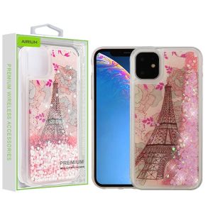 Apple Iphone 11 - Airium Quicksand Glitter Hybrid Cover - Eiffel Tower & Pink Hearts