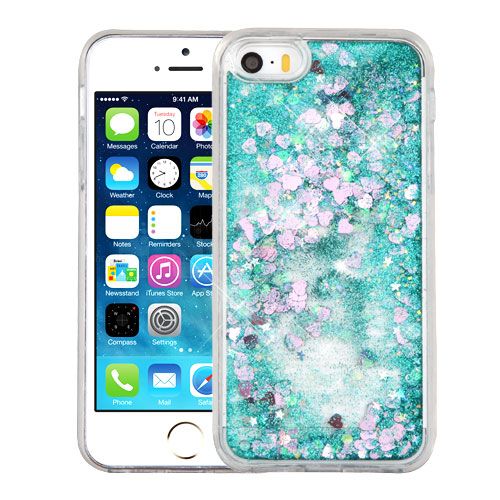 Apple Iphone 5 / 5s / Se - Quicksand Glitter Hybrid Cover - Green / Hearts