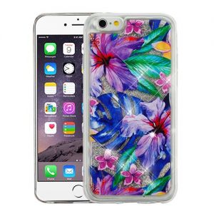 Apple Iphone 6 Plus / 6s Plus - Quicksand Glitter Hybrid Cover - Watercolor Hibiscus / Silver