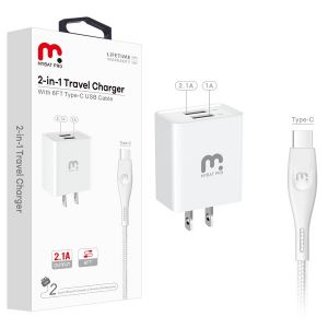 Mybat Pro 2-In-1 Travel Charger W/ Type-C Usb Cable 6ft - White