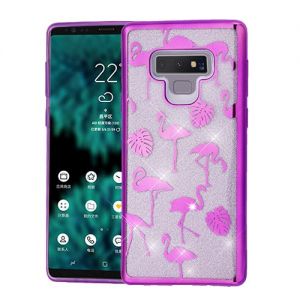 Samsung Galaxy Note 9 - Asmyna Full Glitter Hybrid Cover W/ Diamonds -Purple Flamingo Land / Clear
