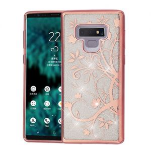 Samsung Galaxy Note 9 - Asmyna Full Glitter Hybrid Cover W/ Diamonds - Rose Gold Maple Vine / Clear