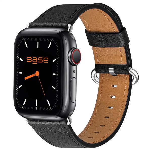 Base Apple Watch Full-Grain Leather Bands for Series 1/2/3/4/5/6/7/SE - Large (42/44/45mm) - Black