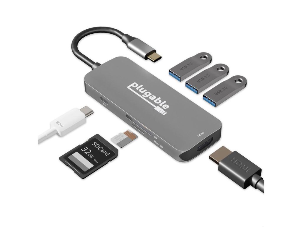 Plugable USB C Hub Multiport Adapter, 7-in-1 Hub (4K HDMI, 3 USB 3.0, SD & microSD Card Reader, 87W