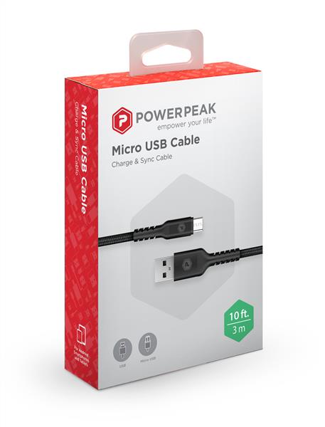 PowerPeak 10ft. Braided Nylon Metallic Micro USB Charge & Sync Cable - Black