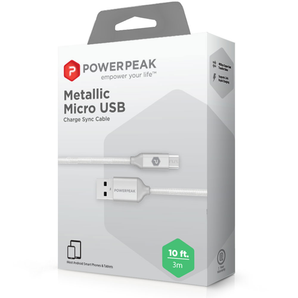 PowerPeak 10ft. Braided Nylon Metallic Micro USB Charge & Sync Cable - Silver