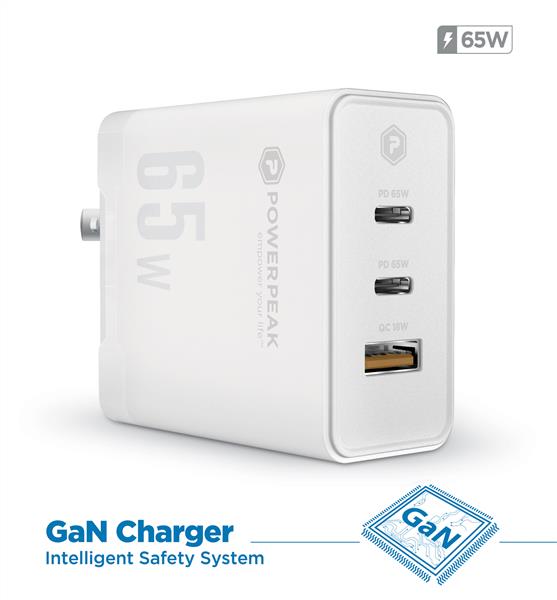 PowerPeak  65W Triple Port GAN Charger  2 USB-C , 1 USB-A  - White