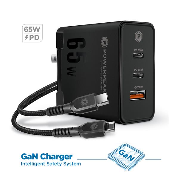 PowerPeak  65W Triple Port GAN Charger  with Type C-C Cable - Black