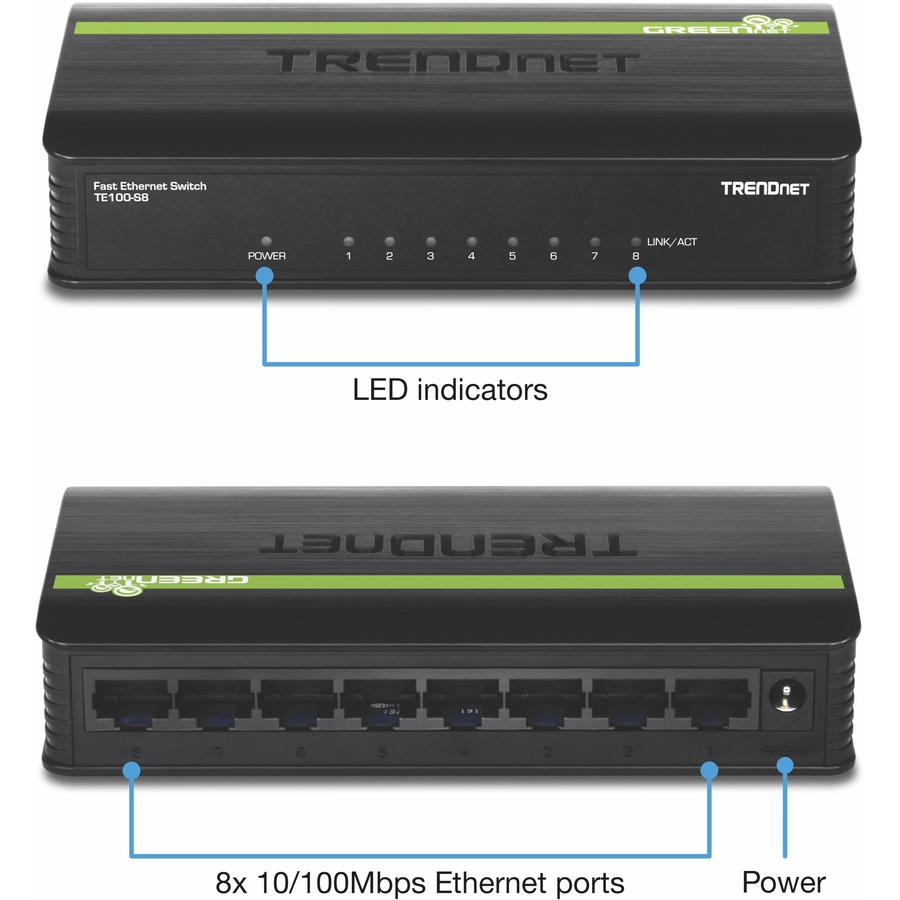 TRENDnet 8-Port Unmanaged 10/100 Mbps GREENnet Ethernet Desktop Switch; TE100-S8; 8 x 10/100 Mbps Ethernet Ports; 1.6 Gbps Switching Capacity; Plastic Housing; Network Ethernet Switch; Plug & Play