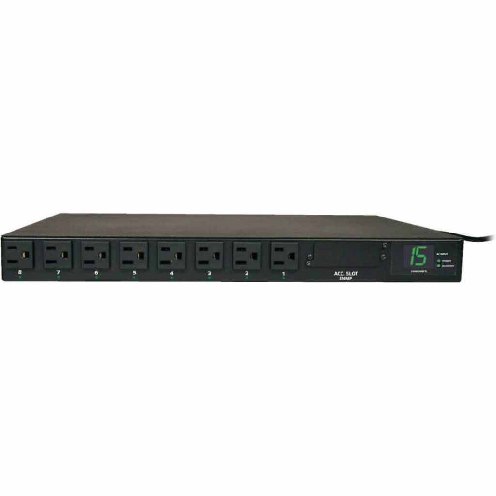 Eaton Tripp Lite Series 1.4kW Single-Phase Local Metered Automatic Transfer Switch PDU, 2 120V 5-15P 15A Inputs, 8 5-15R Outputs, 1U, TAA