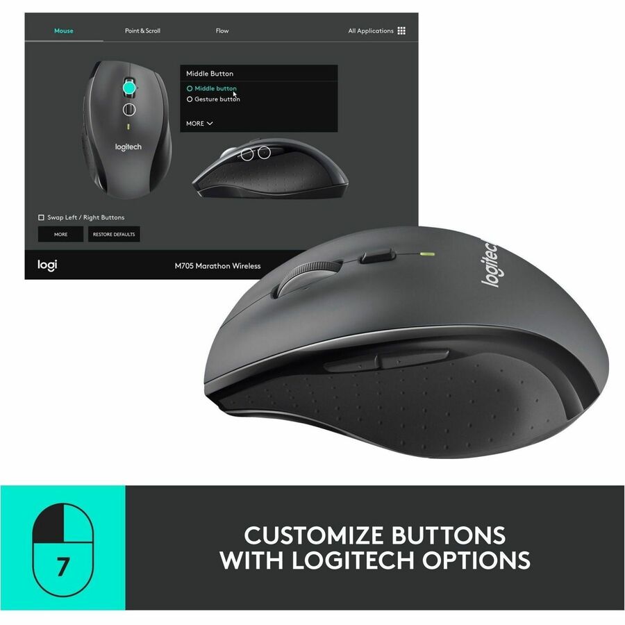 Logitech M705 Marathon Wireless Mouse, 2.4 GHz USB Unifying Receiver, 1000 DPI, 5-Programmable Buttons, Black