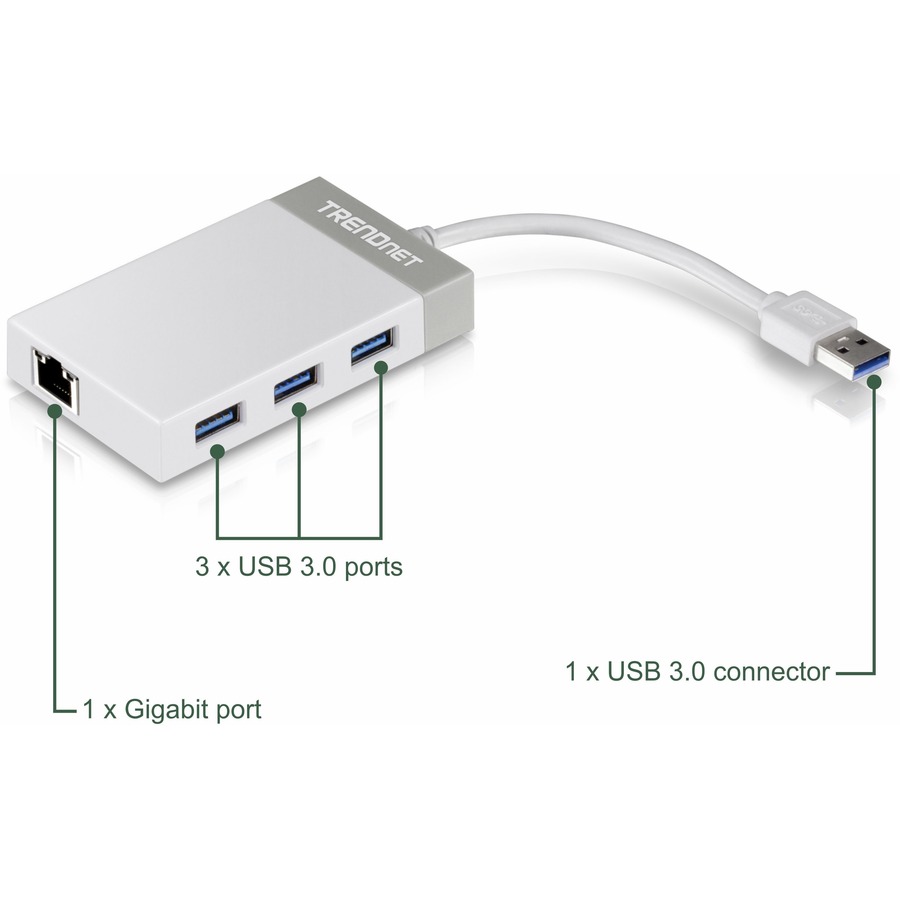 TRENDnet 3-Port USB 3.0 Hub with 10/100/1000 Mbps Gigabit Ethernet Adapter (3 USB 3.0 Ports; a RJ45 Gigabit Ethernet Port); Support XP; Vista; Windows 7; 8; 8.1; 10; Mac OS 10.6-10.9; Nintendo Switch; TU3-ETGH3