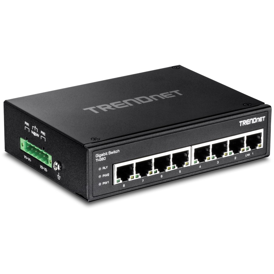 TRENDnet 8-Port Hardened Industrial Gigabit DIN-Rail Switch, 16 Gbps Switching Capacity, IP30 Rated Metal Housing (-40 to 167 F), DIN-Rail & Wall Mounts Included, Lifetime Protection, Black, TI-G80