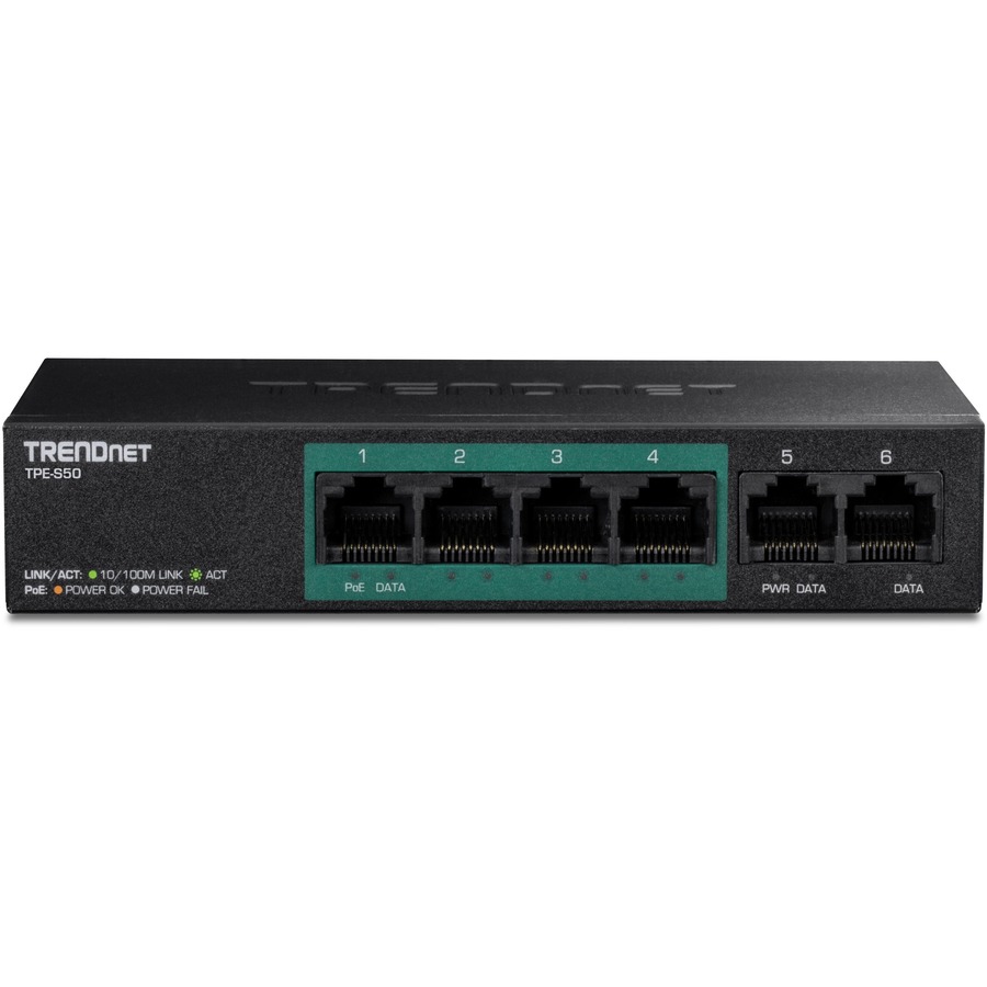 TRENDnet 6-Port Fast Ethernet PoE+ Switch, 4 x Fast Ethernet PoE Ports, 2 x Fast Ethernet Ports, 60W PoE Budget, 1.2 Gbps Switch Capacity, Metal, Limited Lifetime Protection, Black, TPE-S50