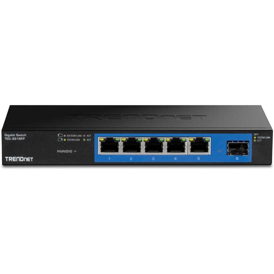 TRENDnet TEG-S51SFP, 5-Port Gigabit Compact Metal Desktop Switch with Gigabit SFP Slot, Fanless Design, Wall Mountable