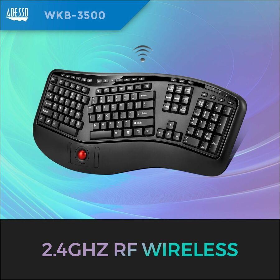 Adesso 2.4 GHz Wireless Ergonomic Trackball Keyboard