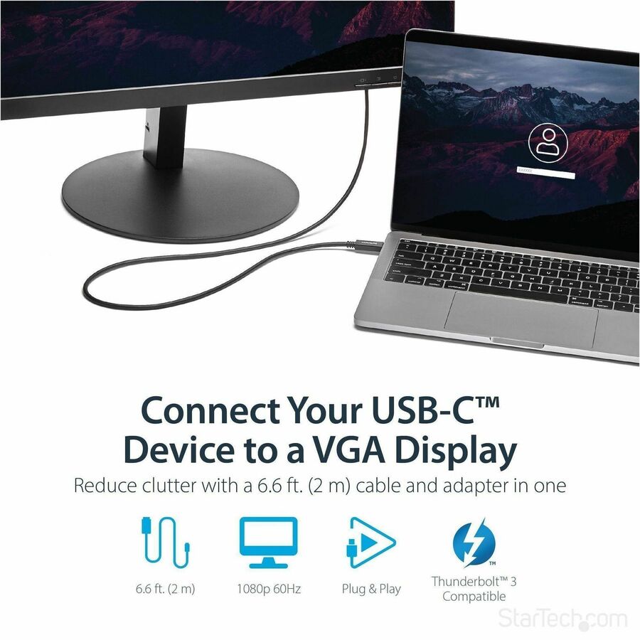 StarTech.com 6ft/2m USB C to VGA Cable - 1920x1200/1080p USB Type C DP Alt Mode to VGA Video Monitor Adapter Cable -Works w/ Thunderbolt 3