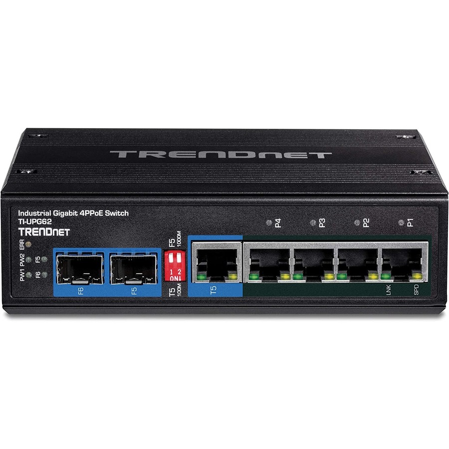 TRENDnet 6-Port Hardened Industrial Gigabit 10/100/1000 Mbps Ultra PoE DIN-Rail Switch; UPoE; IP30; DIN-Rail & Wall Mounts Included; Lifetime Protection; TI-UPG62