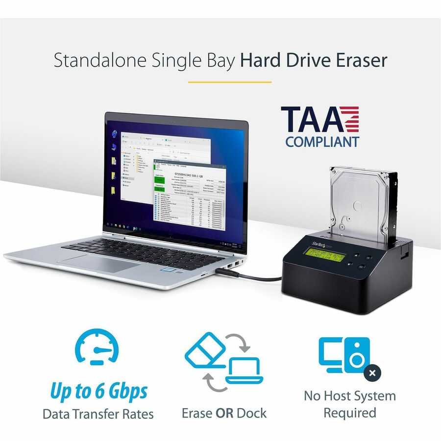 StarTech.com Hard Drive Eraser, Standalone HDD/SSD Sanitizer, 4Kn, Secure Erase Hard Disk Wiper Dock, Hardware Erasing Tool, TAA Compliant