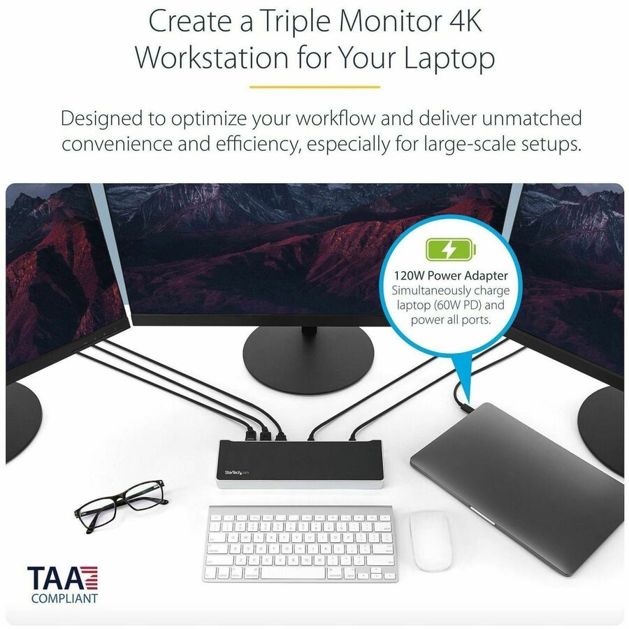 StarTech.com USB C Dock - Compatible with Windows / macOS - Supports Triple 4K Ultra HD Monitors - 60W Power Delivery - Power and Charge Laptop and Peripherals - DK30CH2DPPD