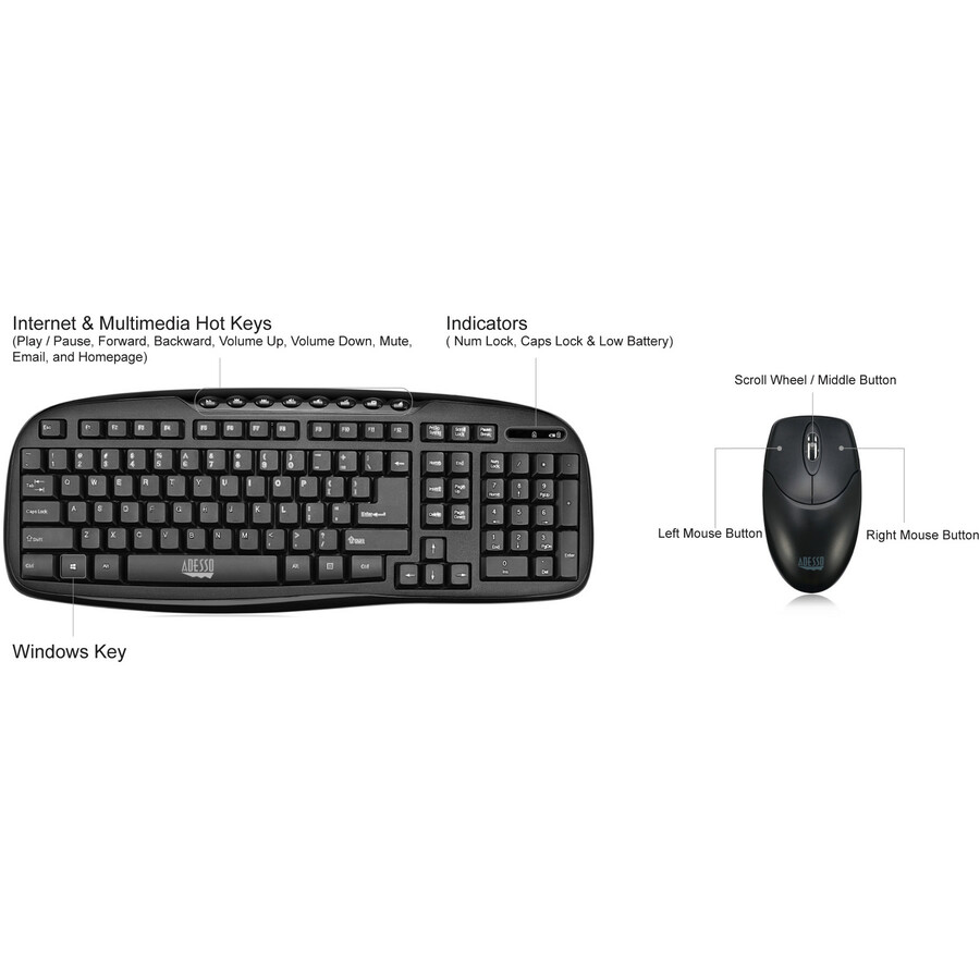 Adesso WKB-1330CB - 2.4 GHz Wireless Desktop Keyboard and Mouse Combo