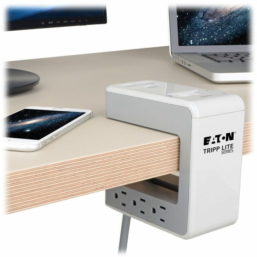 Eaton Tripp Lite Series 6-Outlet Surge Protector w/2 USB-A (4.8A Shared) & 1 USB-C (3A) - 8 ft. (2.43 m) Cord, 1080 Joules, Desk Clamp