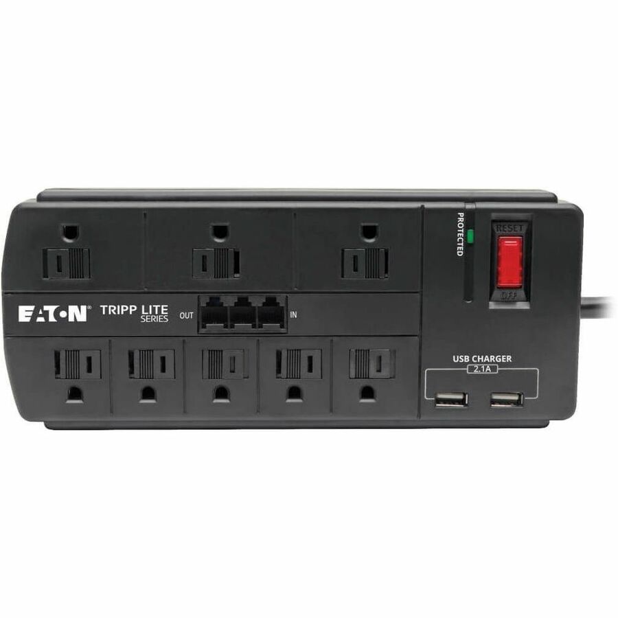 Eaton Tripp Lite Series 8-Outlet Surge Protector with 2 USB Ports (2.1A Shared) - 8 ft. (2.43 m) Cord, 1200 Joules, Tel/Modem, Black