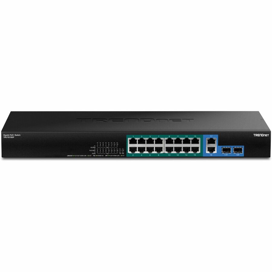 TRENDnet 18-Port Gigabit High Power Poe+ Switch; 16 X Gigabit Poe+ Ports; 2 X Shared Gigabit Ports; 36Gbps Switching Capacity; 440W PoE Power Budget; TPE-TG182F