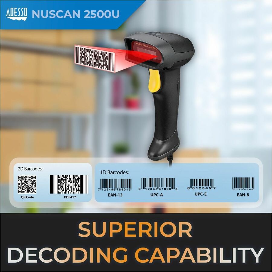 Adesso NuScan 2500TU Spill Resistant Antimicrobial 2D Barcode Scanner