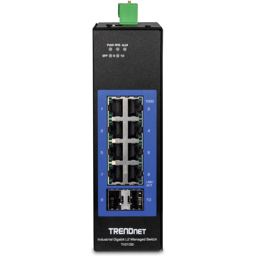 TRENDnet 10-Port Industrial Gigabit L2 Managed DIN-Rail Switch; 8 X Gigabit; 2 X SFP Slots; DIN-Rail Mount; IP30; Vlan; Qos; Lacp; Stp/Rstp; Bandwidth Management; Lifetime Protection; TI-G102i