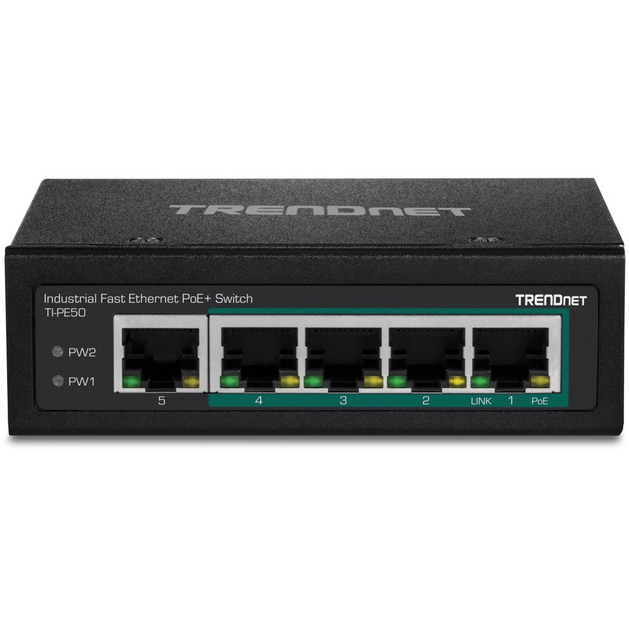 TRENDnet 5-Port Industrial Fast Ethernet DIN-Rail Switch, 4 x Fast Ethernet PoE+ Ports, 1 x Fast Ethernet Port, 90W PoE Power Budget, DIN-Rail, IP30 Rated, Lifetime Protection, Black, TI-PE50