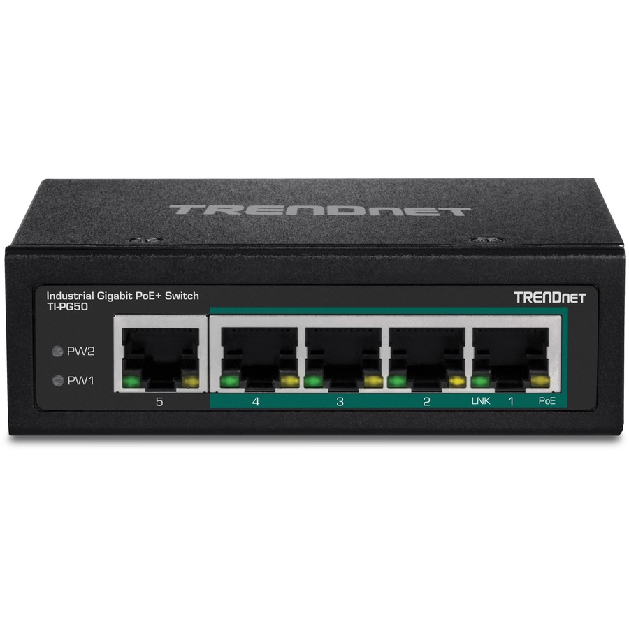 TRENDnet 5-Port Hardened Industrial Unmanaged Gigabit Switch; TI-PG50; 10/100/1000Mbps; DIN-Rail Switch; 4 x Gigabit PoE+ Ports; 1 x Gigabit Port; Gigabit Ethernet Network Switch; Lifetime Protection