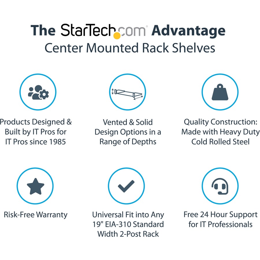 StarTech.com 2 Post Server Rack Shelf - Vented - Center Mount - Up to 75 lb. - 2 post Network Rack Shelf (CABSHF2POSTV2)