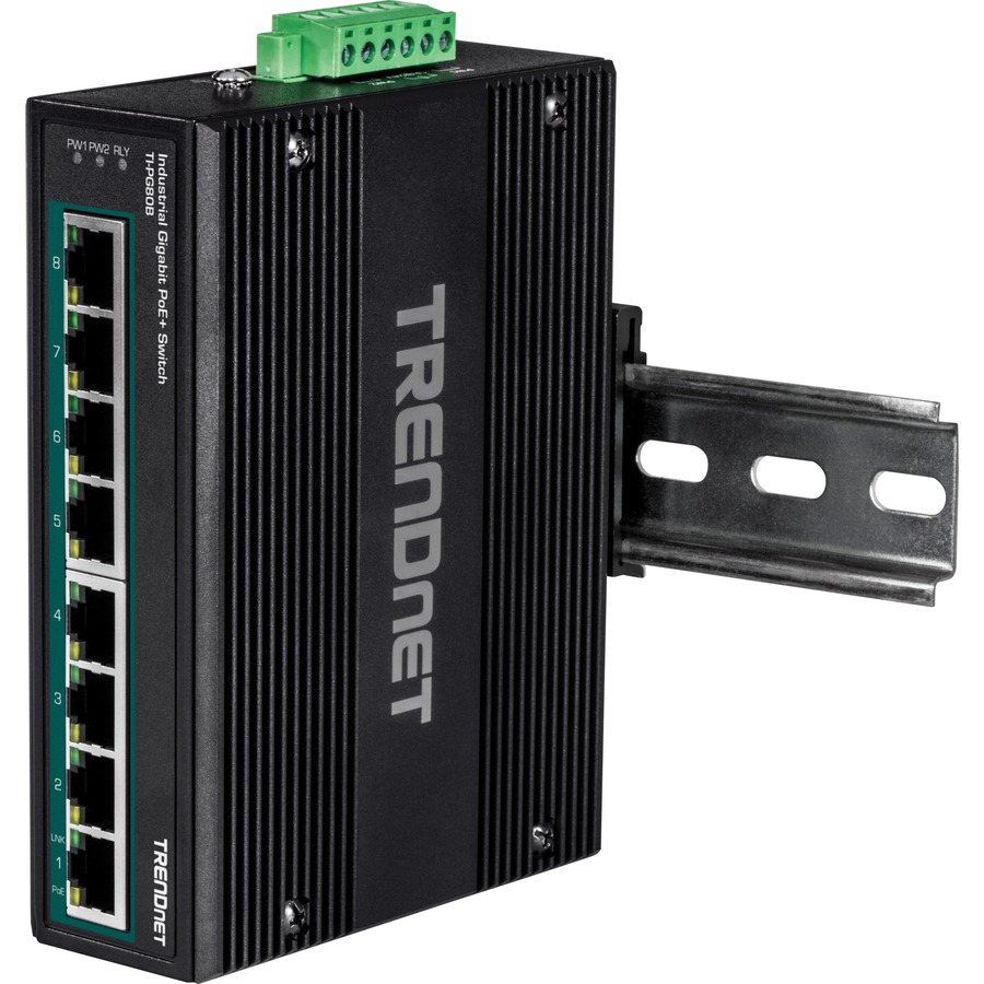 TRENDnet 8-Port Hardened Industrial Unmanaged Gigabit 10/100/1000Mbps DIN-Rail Switch w/ 8 x Gigabit PoE+ Ports; TI-PG80B; 24  56V DC Power inputs with Overload Protection