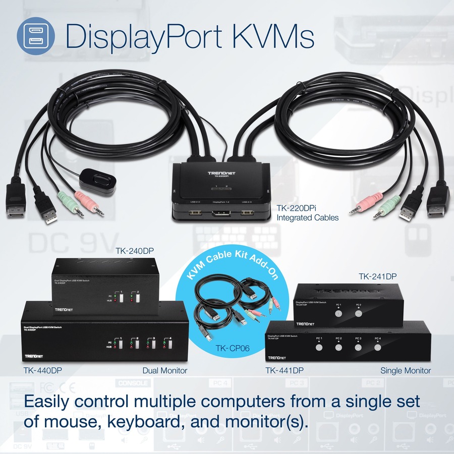 TRENDnet 2-Port DisplayPort KVM Switch, DisplayPort 1.2 KVM, Connect and Control Two Computers, Supports 4K UHD Resolution, 3840 x 2160 at 60Hz, 2-Port USB 2.0 Hub, Black, TK-241DP